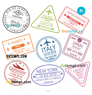 free Brazil Poland Germany travel stamp collection template of 9 PSD designs, with fonts