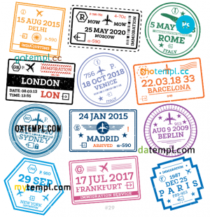 free Delhi Moscow Berlin travel stamp collection template of 12 PSD designs, with fonts