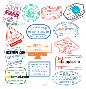 free Spain Pakistan Korea travel stamp collection template of 14 PSD designs, with fonts