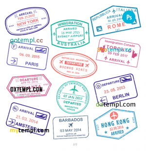 free New York Sydney Rome travel stamp collection template of 12 PSD designs, with fonts