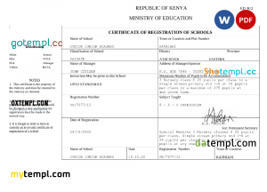 Kenya certificate of registration of schools .doc and .pdf template
