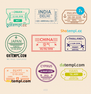 free Oman India Israel travel stamp collection template of 9 PSD designs, with fonts