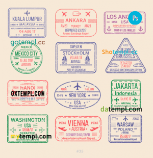 free Mexico Washington New York travel stamp collection template of 12 PSD designs, with fonts