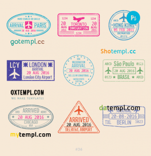 free Paris London Toronto travel stamp collection template of 9 PSD designs, with fonts