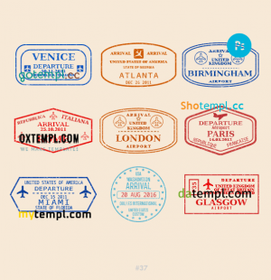 free Atlanta London Glasgow travel stamp collection template of 9 PSD designs, with fonts