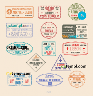 free Delhi Tehran Dublin travel stamp collection template of 14 PSD designs, with fonts
