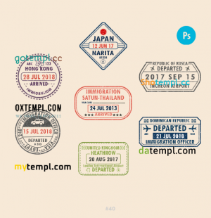 free Japan Hong-Kong UK travel stamp collection template of 7 PSD designs, with fonts