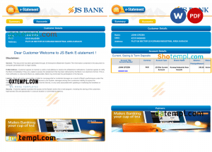 Pakistan JS bank e-statement, Word and PDF template, 3 pages