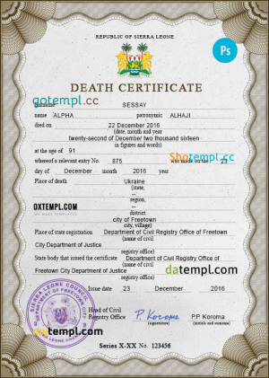 Sierra Leone vital record death certificate PSD template, completely editable