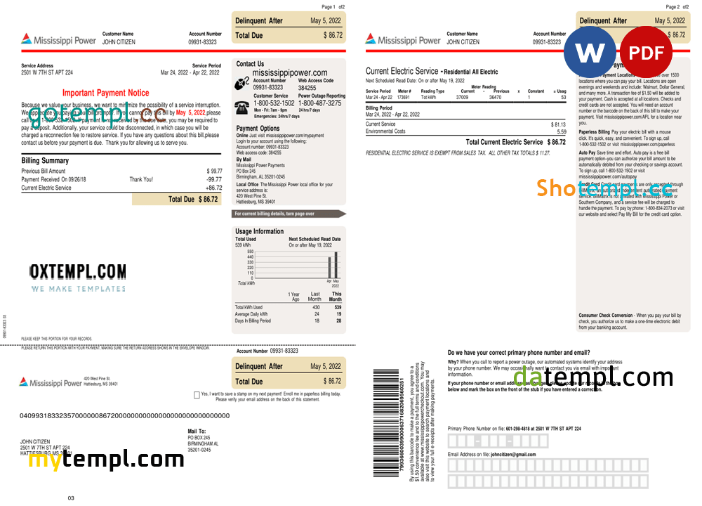 USA Mississippi Power Utility Bill Word And PDF Template 2 Pages