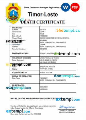 Timor-Leste vital record death certificate Word and PDF template