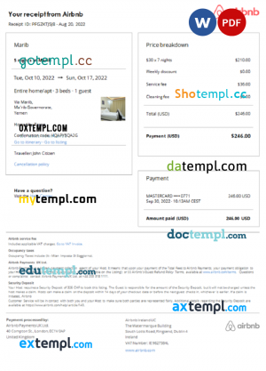 Yemen Airbnb booking confirmation Word and PDF template