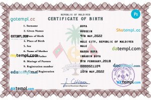 Maldives vital record birth certificate PSD template, fully editable