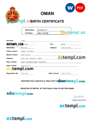 Oman birth certificate Word and PDF template, completely editable