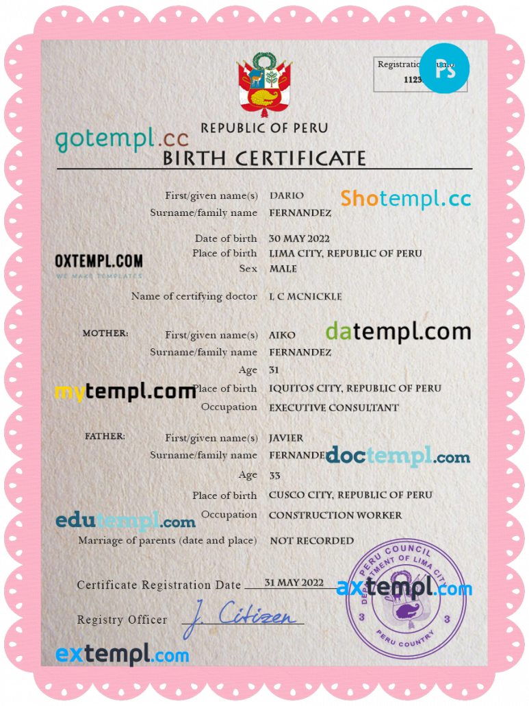 Peru vital record birth certificate PSD template fully editable