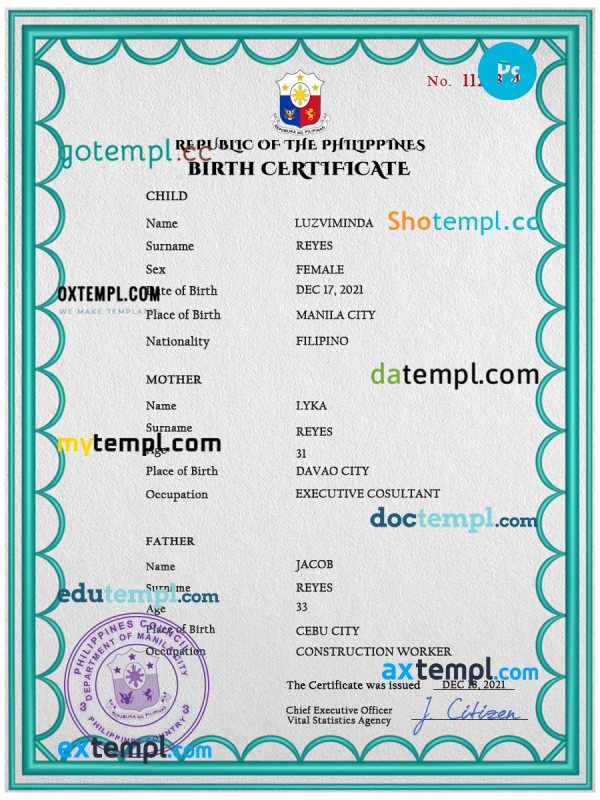 Philippines birth certificate PSD template, completely editable