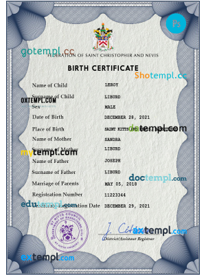 Saint Kitts vital record birth certificate PSD template