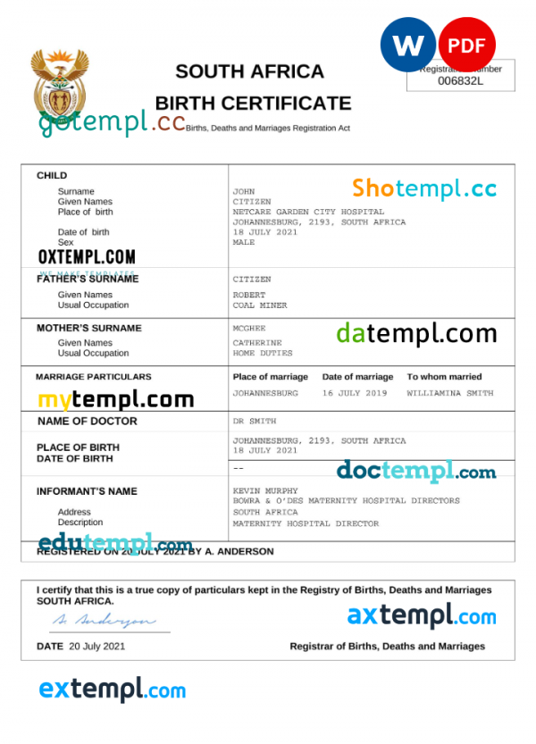 South Africa vital record birth certificate Word and PDF template