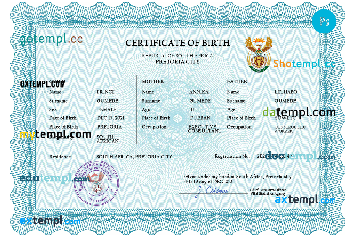 South Africa birth certificate PSD template completely editable