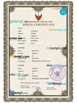 Thailand vital record birth certificate PSD template, fully editable