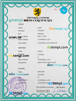 # action universal birth certificate PSD template, fully editable