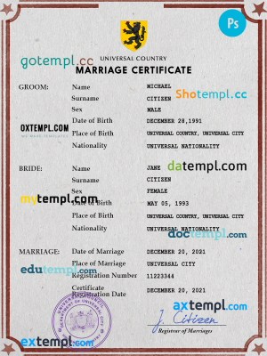 # iconic token universal marriage certificate PSD template, completely editable