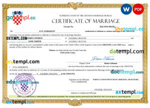 Croatia marriage certificate Word and PDF template, completely editable
