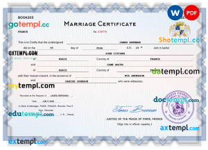 France marriage certificate Word and PDF template, completely editable