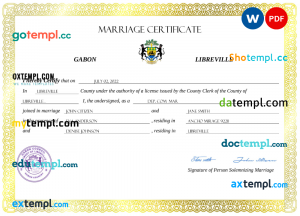 Gabon marriage certificate Word and PDF template, fully editable