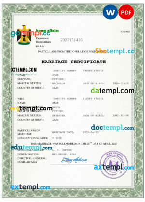 Iraq marriage certificate Word and PDF template, completely editable