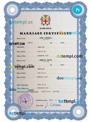 Jamaica marriage certificate PSD template, completely editable