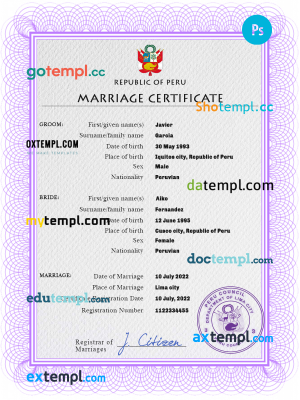 Peru marriage certificate PSD template, fully editable