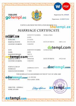 Ukraine marriage certificate Word and PDF template, completely editable