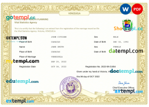 Venezuela marriage certificate Word and PDF template, completely editable
