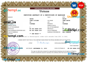 Vietnam marriage certificate Word and PDF template, fully editable