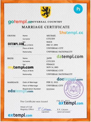 # foregorund universal marriage certificate PSD template, completely editable