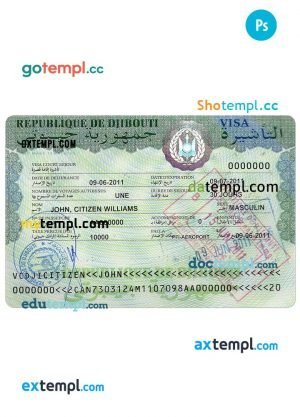 Djibouti travel visa PSD template, fully editable