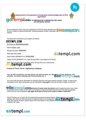 SRI LANKA electronic travel visa PSD template, with fonts