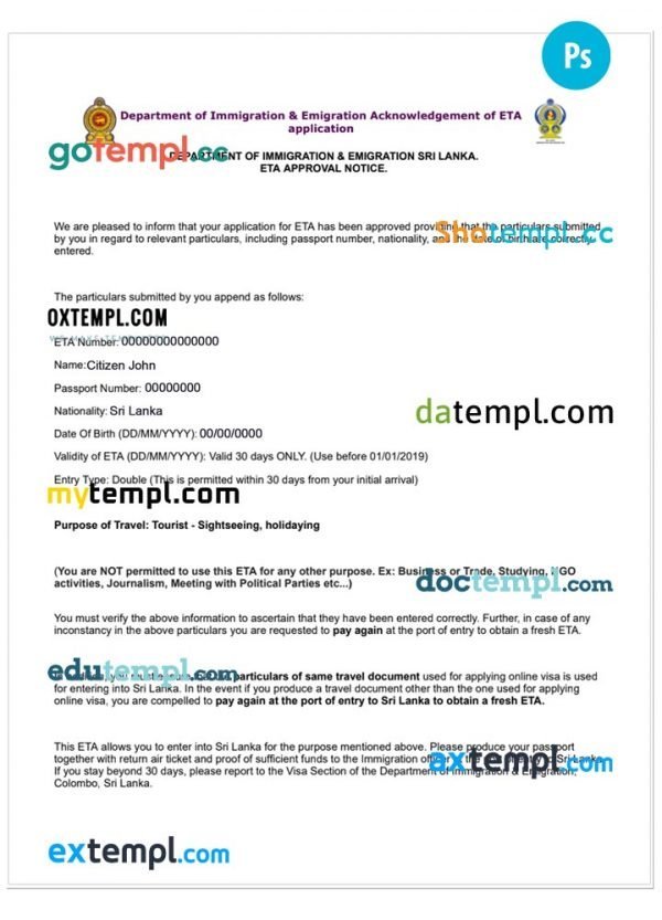 Sri Lanka electronic travel visa PSD template, with fonts