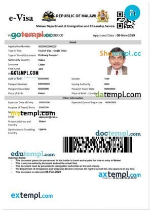 Malawi travel visa PSD template, fully editable