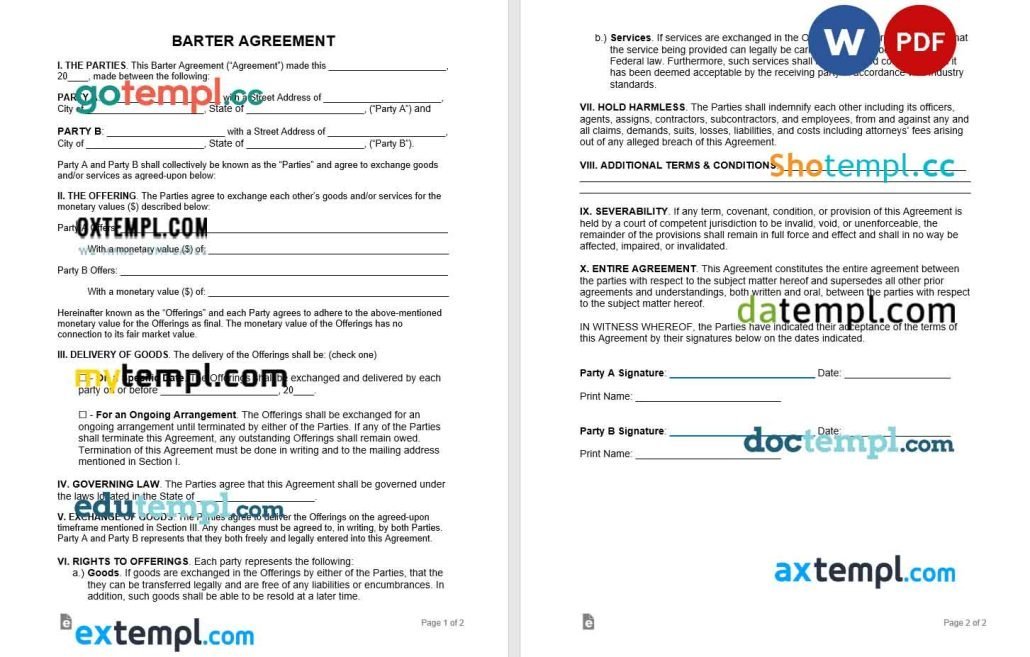 barter agreement template, Word and PDF format GOTEMPL templates
