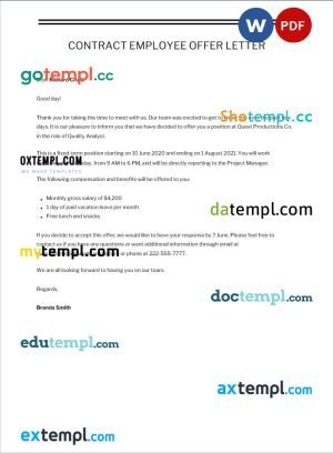 free contract employee offer letter sample template, Word and PDF format