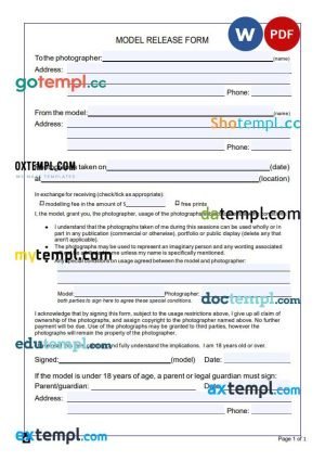 free copyright model photo release Form template, Word and PDF format