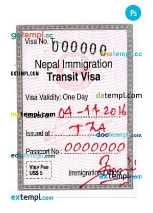 Nepal immigration transit visa template in PSD format