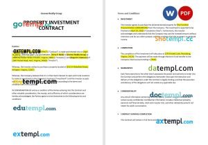 free property investment contract template, Word and PDF format