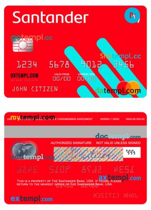 USA Santander Bank mastercard template in PSD format