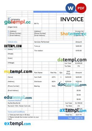 Auto Repair Estimate Invoice template in word and pdf format