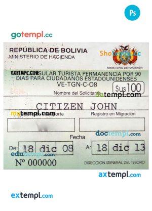 Bolivia travel visa PSD template, with fonts