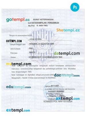 Indonesia driver certificate PSD template, with fonts