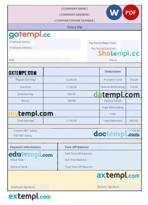 Salary Slip Paystub Word and PDF template